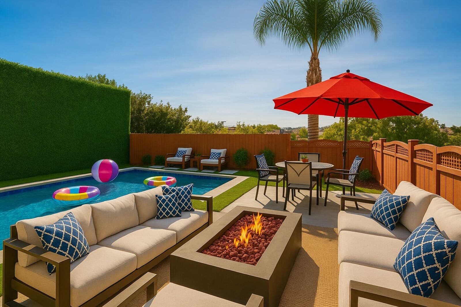 A backyard with a swimming pool, outdoor furniture, and a fire pit.