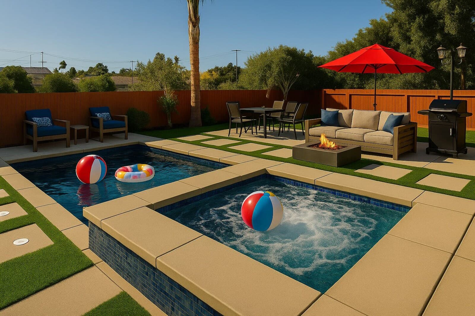 A backyard with two swimming pools, lounge chairs, a fire pit, and a red umbrella.