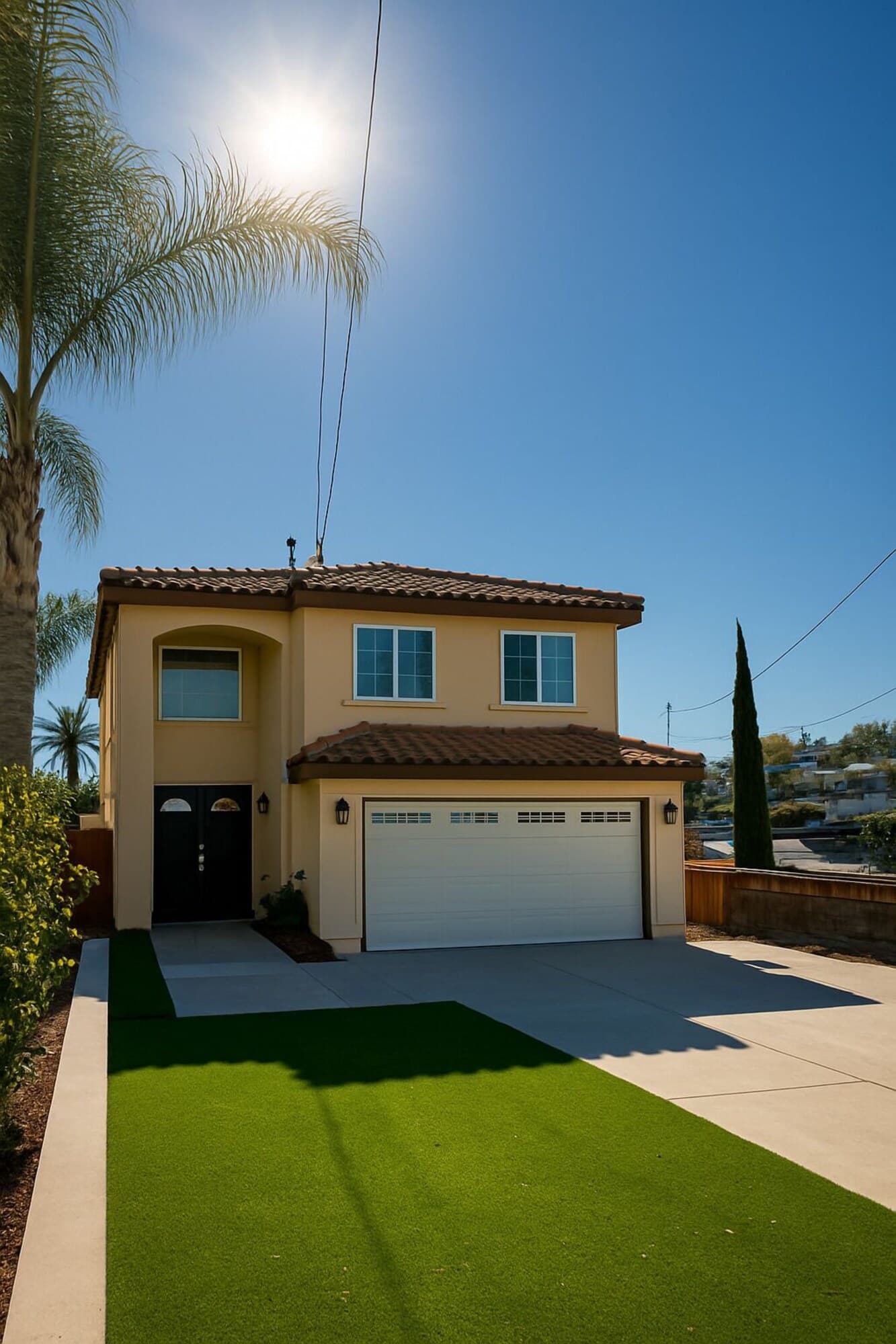 A two-story house with a garage, a well-maintained lawn, and a clear blue sky.
