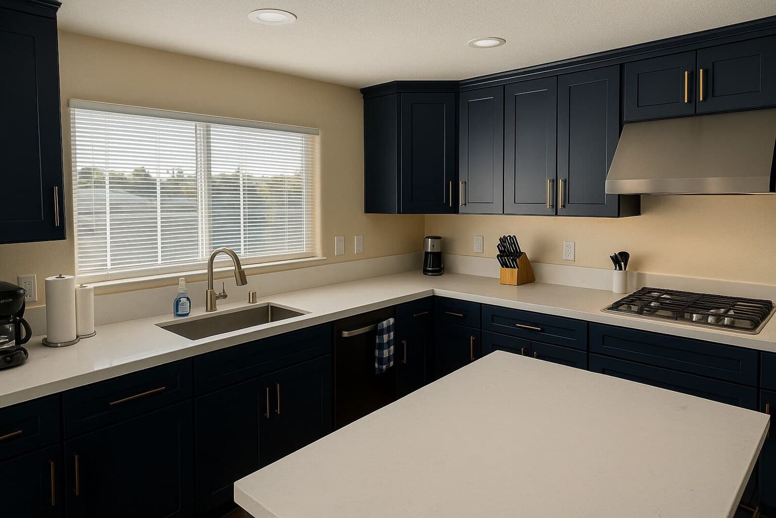 A modern kitchen with dark cabinets, a white countertop, a stainless steel range hood, and a window with blinds.